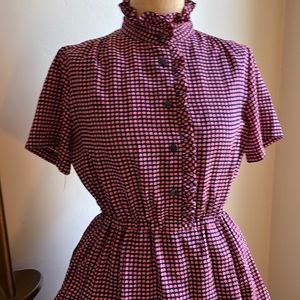 Vintage style midi dress pink and black print with stretch waist. xs-medium